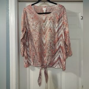 Chico's Multicolor Patterned 3/4 Sleeve Tie Front Top W/ Jewels On Chest Size 2